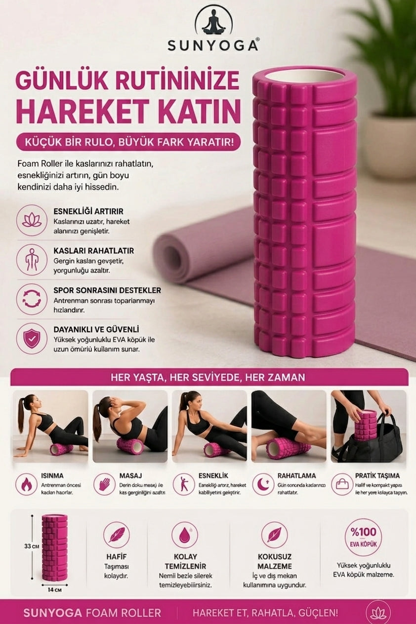 Yüksek Yoğunlukta Orta Sert Foam Roller Fıtness Pilates Yoga Masaj Rulosu Masaj Köpüğü FUŞYA RENK