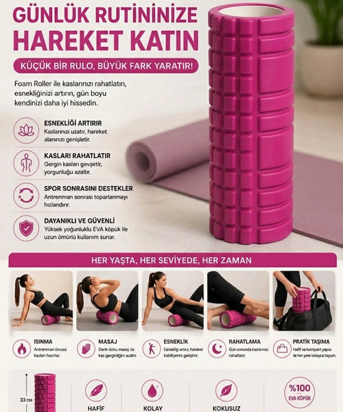 Yüksek Yoğunlukta Orta Sert Foam Roller Fıtness Pilates Yoga Masaj Rulosu Masaj Köpüğü FUŞYA RENK