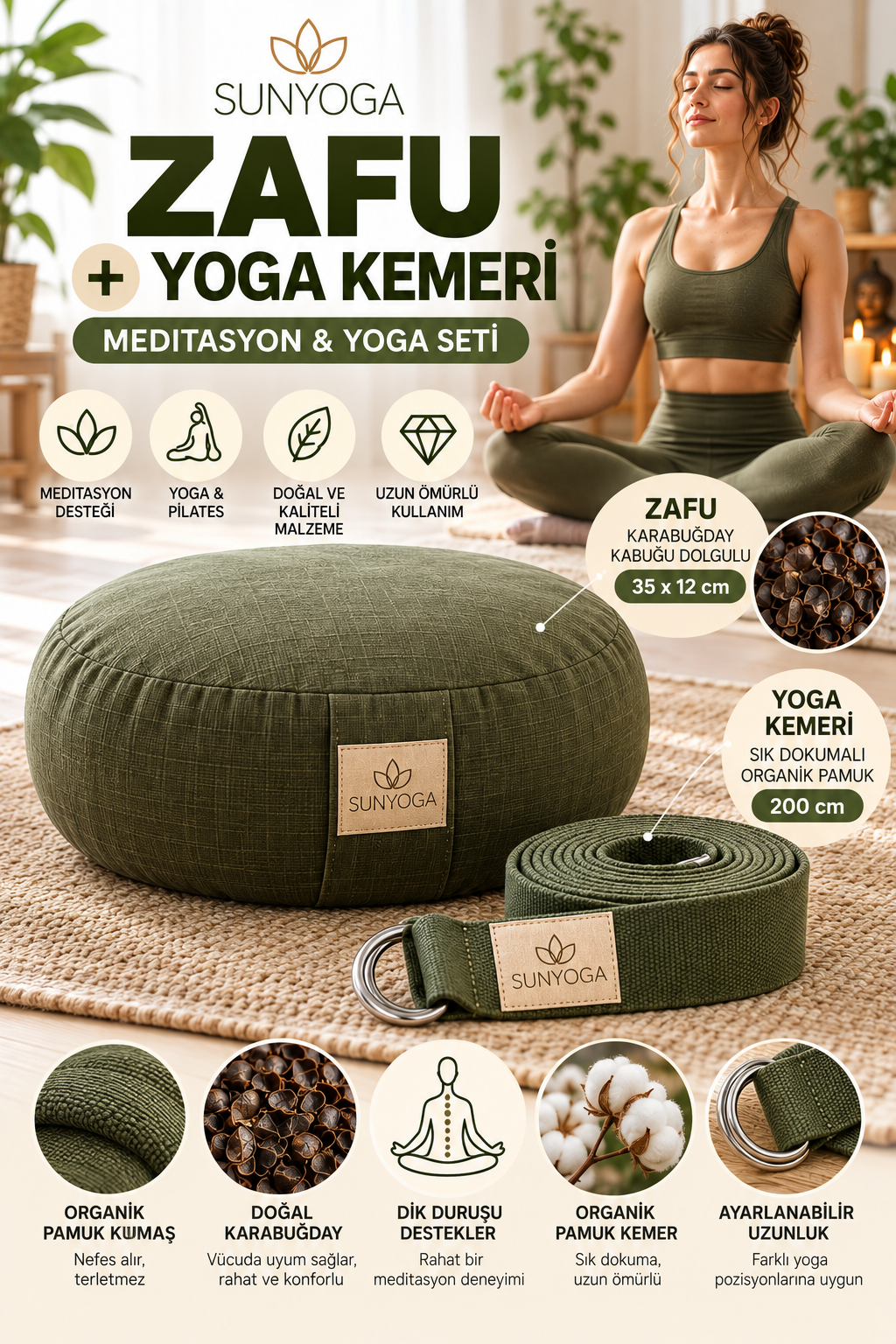 Zafu Meditasyon Minderi + 200 cm Yoga Kemeri Seti Karabuğday Dolgulu 35x12 cm