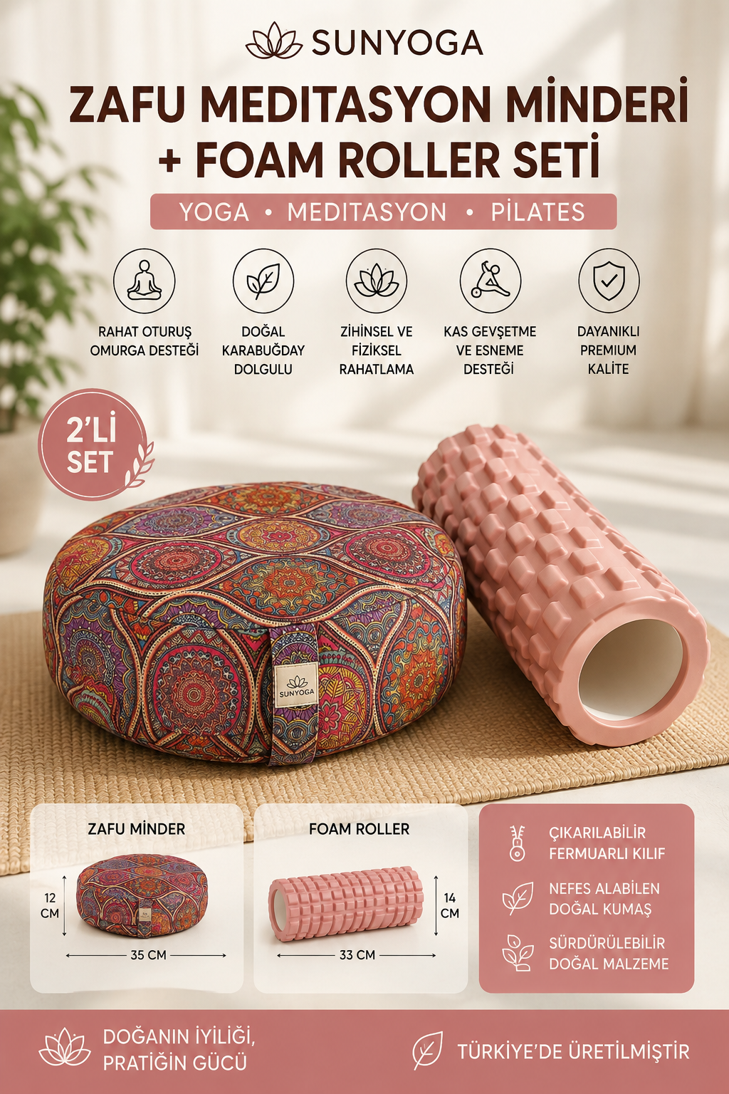 Zafu Meditasyon Minderi Karabuğday Dolgulu + Foam Roller Masaj Silindiri Yoga Pilates Seti