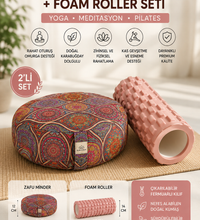 Zafu Meditasyon Minderi Karabuğday Dolgulu + Foam Roller Masaj Silindiri Yoga Pilates Seti