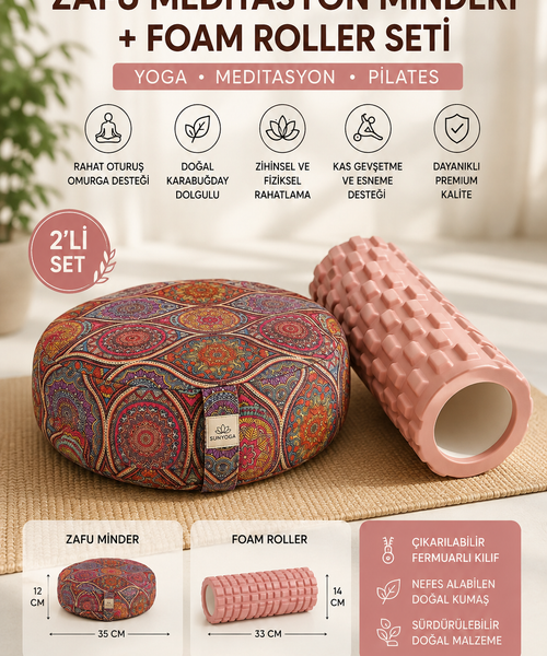 Zafu Meditasyon Minderi Karabuğday Dolgulu + Foam Roller Masaj Silindiri Yoga Pilates Seti