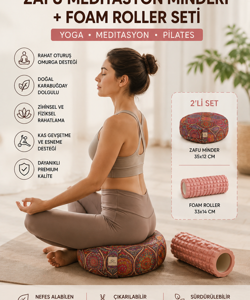 Zafu Meditasyon Minderi Karabuğday Dolgulu + Foam Roller Masaj Silindiri Yoga Pilates Seti