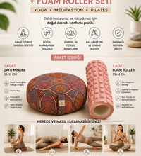 Zafu Meditasyon Minderi Karabuğday Dolgulu + Foam Roller Masaj Silindiri Yoga Pilates Seti