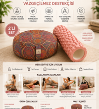 Zafu Meditasyon Minderi Karabuğday Dolgulu + Foam Roller Masaj Silindiri Yoga Pilates Seti