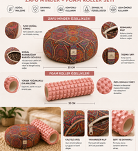 Zafu Meditasyon Minderi Karabuğday Dolgulu + Foam Roller Masaj Silindiri Yoga Pilates Seti