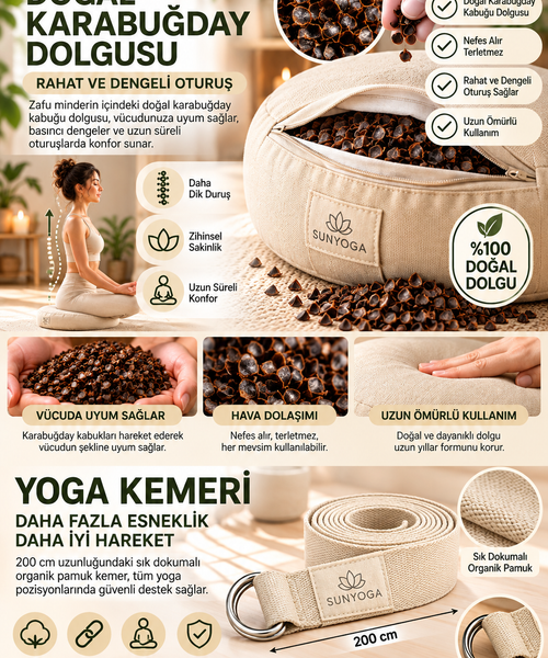 Zafu Meditasyon Minderi + 200 cm Yoga Kemeri Seti Karabuğday Dolgulu 35x12 cm