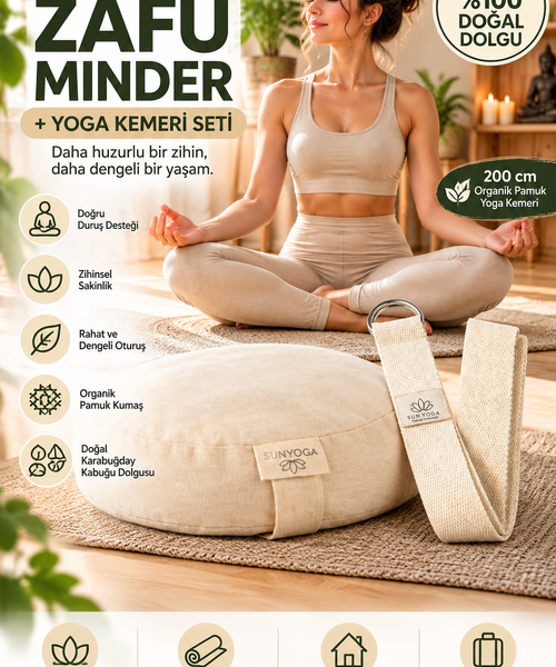 Zafu Meditasyon Minderi + 200 cm Yoga Kemeri Seti Karabuğday Dolgulu 35x12 cm